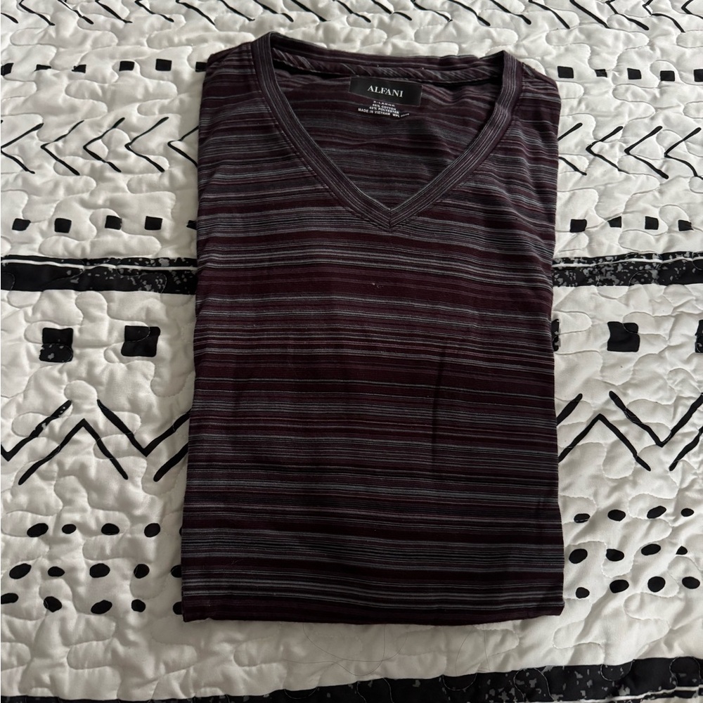 Men’s Alfani Maroon and Gray Striped V-Neck Top